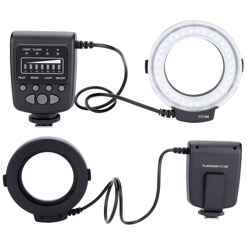 Serounder FC-100 Portable LED Macro Ring Flash 5500K Adjustment Brightness Speedlite Video Camera Fill Light Kit with 8 Adapters Ring and Controller for Canon/Nikon Camera