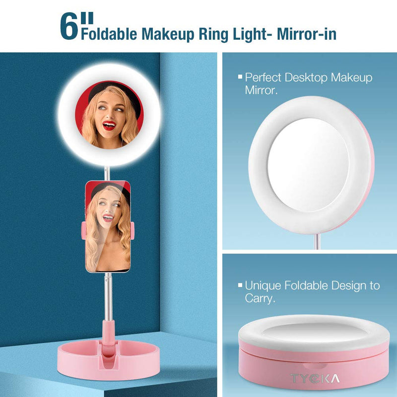 TYCKA 6" LED Ring Light Foldable Selfie Ring Light with Mirror & Phone Holder 3500K-6000K Dimmable Desk Makeup Light for YouTube, Vlog Shooting, 3 Light Modes 10 Brightness