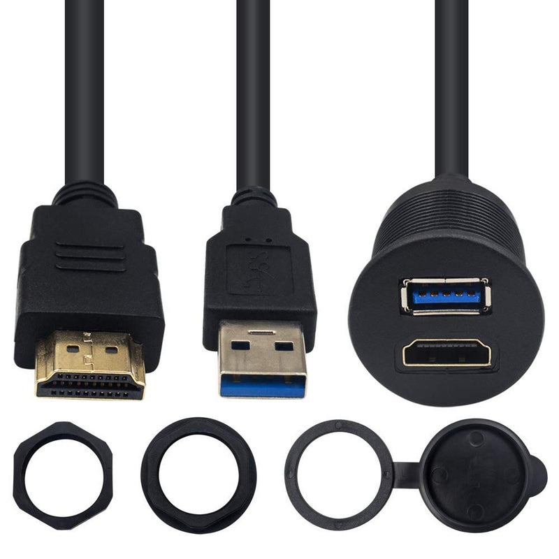 Duttek USB3.0 & HDMI Panel Flush Mount Cable, USB 3.0 & HDMI Male to Female Extension Mount, Dash Mount, Flush Mount, Panel Mount Cable, for Car, Boat, Motorcycle 2M/6.6 FT