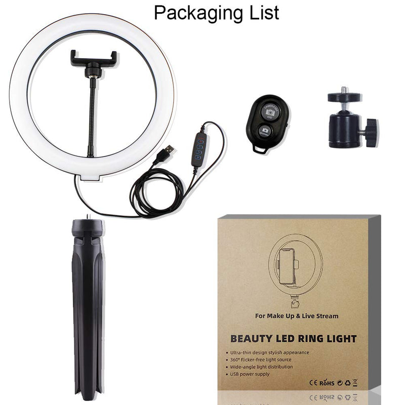 10inch LED Ring Light with Tripod Stand Phone Holder Bluetooth Receiver, Desk Makeup Selfie Ring Light Dimmable 3 Light Modes, 10 Brightness USB Standing Ring Light for Phone Make up Photography with small tripod