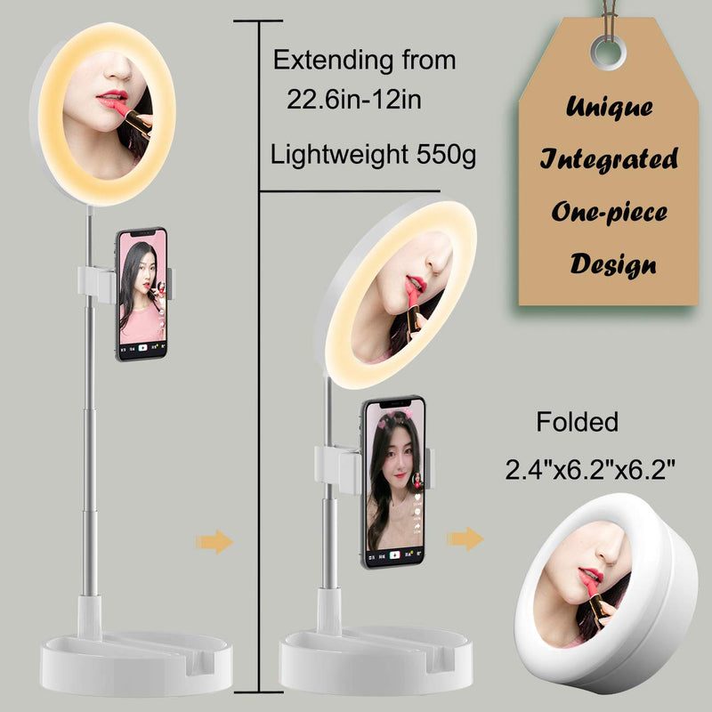 USB 6.3'' Portable Ring Light 3 Color Modes and 10 Brightness Foldable Makeup Light with Mirror, Stand and Phone Holder for Vlogging YouTube Video Shooting Make up (White) White