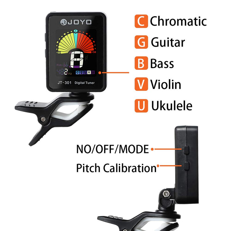 JOYO Guitar Tuner Clip-On Tuner Digital Electronic Tuner Acoustic with Full Color Display for Guitar, Bass, Violin, Ukulele (Black)