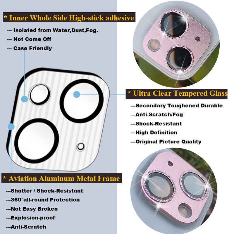 JOLOJO 2 Pack Camera Lens Protector Compatible for iPhone 13/13 Mini, Aluminum Alloy Metal & 9H Tempered Glass Camera Cover Shock/Water-Proof,Shatter/Scratch-Resistant,Case Friendly - Pink