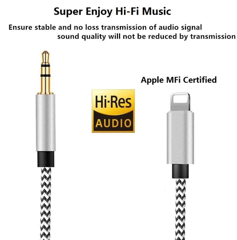 [Apple Mfi Certified] Lightning to 3.5mm Audio Cable,for iPhone 3.5 mm Headphone Jack Adapter Nylon Braided Aux Cord for iPhone 12/11/XS/XR/X/iPad to Car/Home Stereo, Speaker, Headphone - 3.3ft Silver