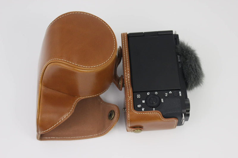 ZV-E10 Case, BolinUS Handmade PU Leather FullBody Camera Case Bag Cover for Sony ZV-E10 ZVE10 with 16-50mm lens Bottom Opening Version + Neck Strap + Mini Storage Bag (Brown) Brown