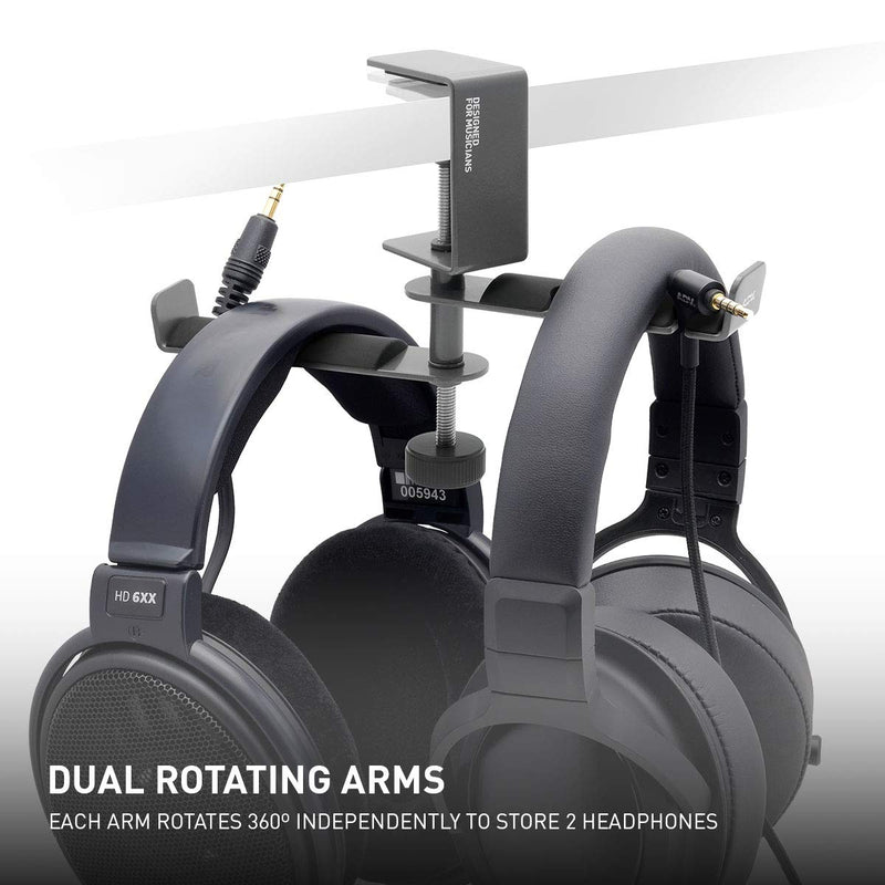 ADV. Dual Suspension Twin Headphone Stand Hanger Steel Metal Headset Holder 360° Rotating Arm Adjustable Hook Clamp Handle Under Desk Table, 3.5mm Jack Mount, Universal Fit All Headphones, [Grey] Grey