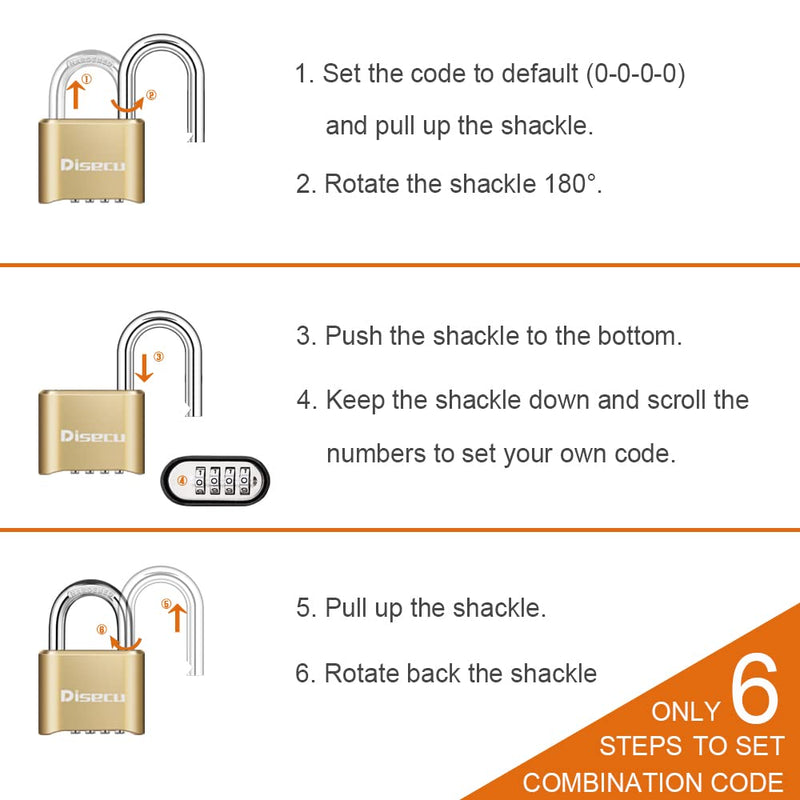 Disecu 2 Pack 4 Digit Heavy Duty Combination Lock 1.3 Inch Shackle Outdoor Waterproof Padlock for Case, Gate, Fence, School Gym Locker, Sports Locker (Brass) Brass