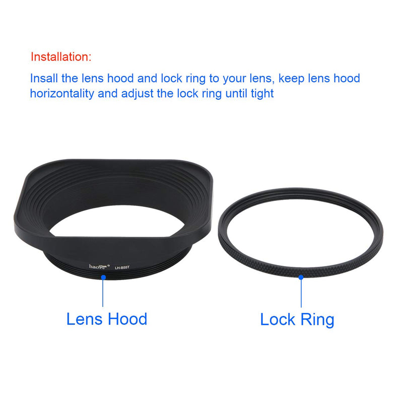 Haoge LH-B55T 55mm Square Metal Screw-in Lens Hood with Cap for Leica APO-Summicron-M 90mm f/2 ASPH E55, Summicron-R 50mm f2 E55, Summilux-R 50mm f/1.4 E55, Elmarit-R 28mm f2.8 35mm f/2.8 E55 Lens