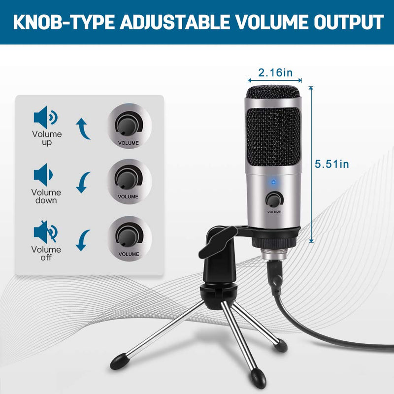 USB Condenser Microphone, Metal Streaming Computer Mic with Volume Control Tripod Stand for Podcasting Vocal  Recording YouTube Skype Twitch Discord, Silver