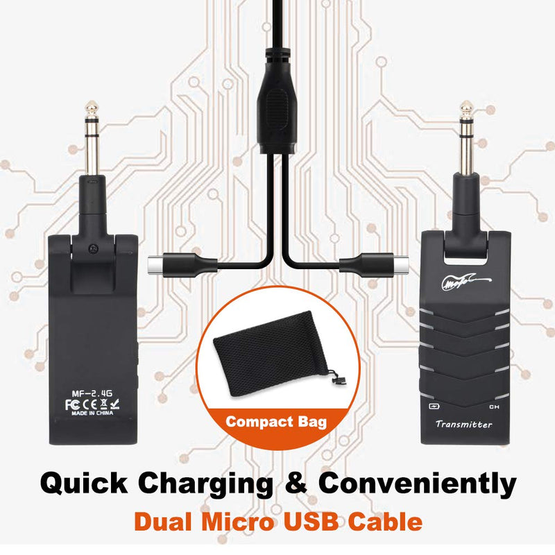 [AUSTRALIA] - 2.4GHz Wireless Guitar Transmitter Receiver, Rechargeable Wireless Guitar System 5 Channels Stereo for Electronic Organ/Drum/Guitar Bass (Black) Black+Black 