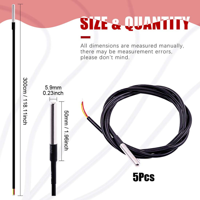 Hilitchi 3m/9.8ft DS18B20 Waterproof Temperature Sensors Digital Temp Probe (Pack of 5pcs)