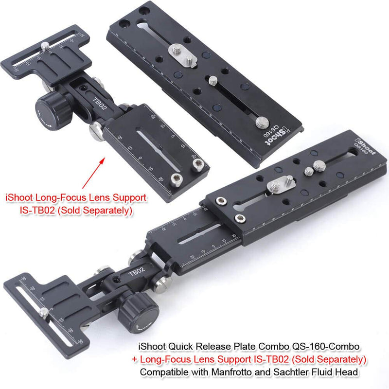 iShoot Camera Quick Release Plate Combo QR Mount Base QS-160-Combo Compatible with Manfrotto 500 Series 700 Series and Sachtler FSB 10T 8T 6T DV2 DV8 DV10SB DV12SB V14 V18 ACE XL Series Fluid Head