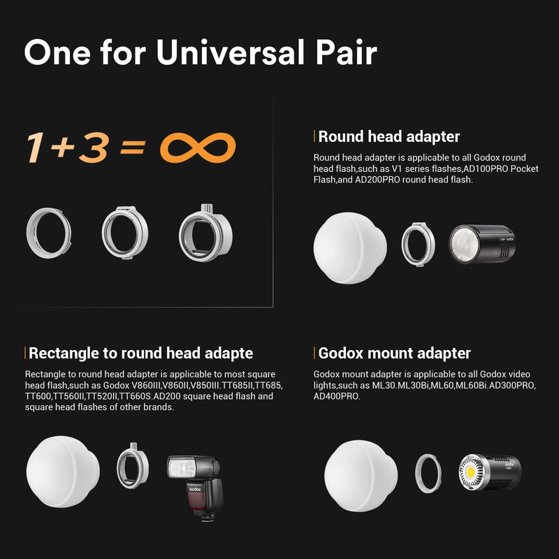 Godox ML-CD15 Diffusion Dome Kit with 3 adapters, Flash Diffuser Light, Compatible for Godox V1 Series ML30 ML60 ML60BI AD200 AD200PRO AD300PRO AD400PRO V1S V1C V1N V1F V1O V860III-S TT685S