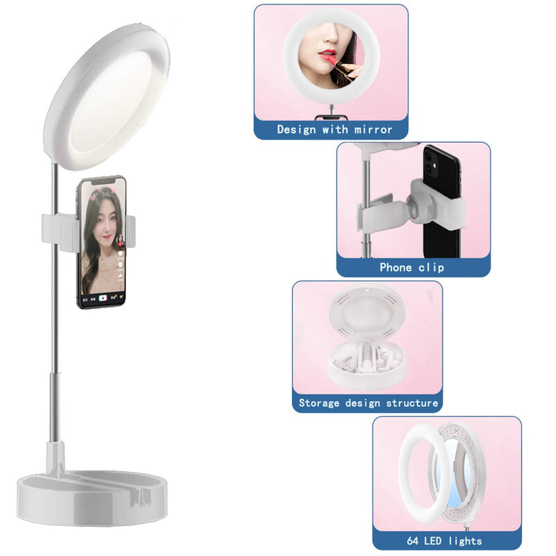 LED Ring Light Foldable Fill Light with Mirror Mobile Phone Holder with 3 Lighting Modes Scalable for YouTube Video/Live Streaming/Make-up/Photography USB Charging(White) White
