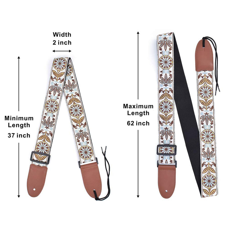 Guitar Strap Acoustic Electric Bass Guitar Leather Ends For Men Women With Jacquard Fabric Pattern White Brown Woven