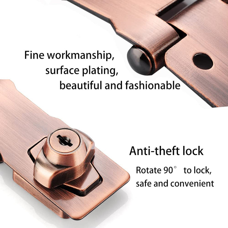 2 Packs Keyed Hasp Locks Twist Knob Keyed Locking Hasp for Small Doors, Cabinets and More,Stainless Steel Steel, Hasp Lock Catch Latch Safety Lock Door Lock with Keys (4inch, Copper) 4inch