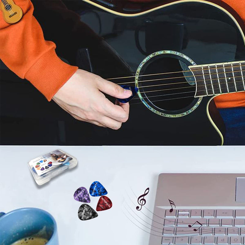30 Pack Guitar Picks Plectrums with Organizer Storage Box, 0.5 0.75 1.0 mm Includes Thin Medium Heavy Thickness & Variety Colorful Celluloid Plectrums for Bass Electric Acoustic Guitars Ukulele 30 Blend