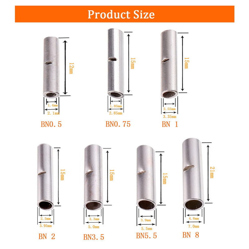 HUAREW 7 Values 250 Pcs 26-22AWG 22-18AWG 22-16AWG 16-14AWG 14-12AWG 12-10AWG 8AWG Electrical Wire Seamless Non Insulated Butt Connector Crimp Ferrule Terminals