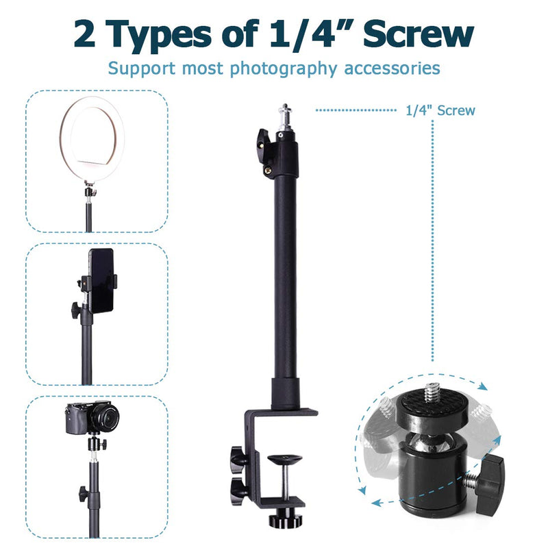 【Heavy Duty】 Tabletop Light Stand, 14-23.6in Adjustable Desktop DSLR Camera Mount with 1/4" Screw Tip, Photographic C-Clamp for Video Shooting, LED Ring Light, Webcam, Live Streaming, Makeup