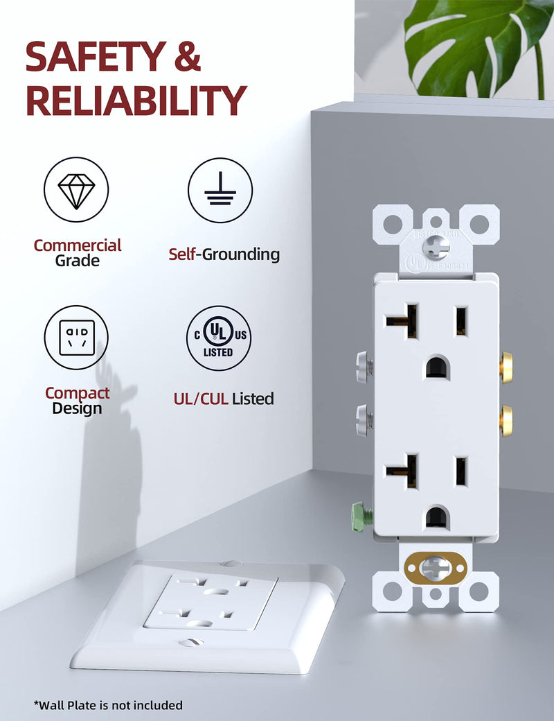AIDA Decorative Receptacle Outlet, 20Amp 125V Outlets, Residential, 3-Wire, Self-Grounding, UL Listed, White (10 Pack)