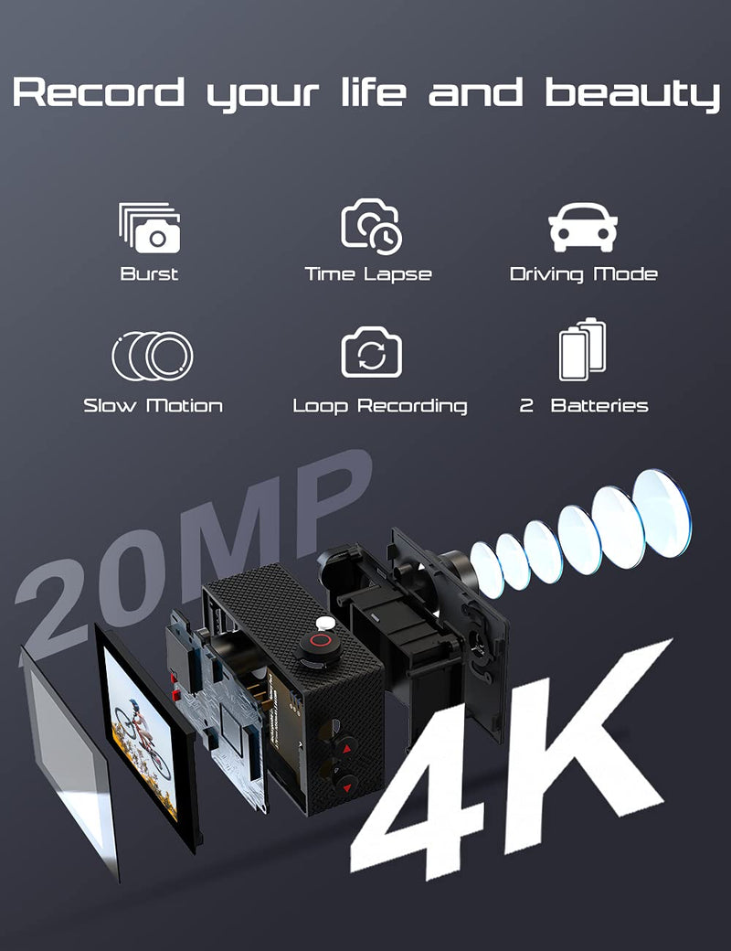 Action Camera 4K Sports Camera 20MP 40M 170°Wide-Angle WiFi waterproof Underwater Camera with 2.4G Remote Control 2 Batteries 2.0'' LCD Ultra HD Camera with Mounting Accessories Kit [2021 NEW VERSION]