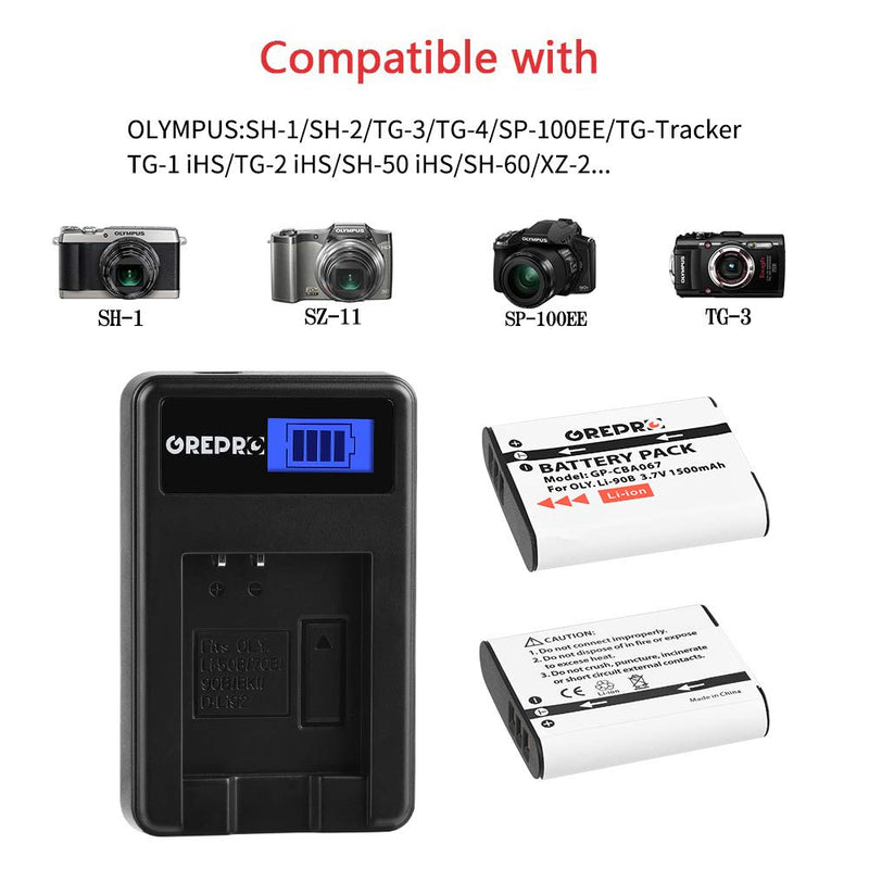 Grepro LI-90B LI-92B Battery (2 Packs) and LCD USB Charger Kit for Olympus Tough TG-5, TG-Tracker, SH-1, SH-2, SP-100 IHS, Tough TG-1 iHS, Tough TG-2 iHS, Tough TG-3, Tough TG-4, SH50 iHS, SH60