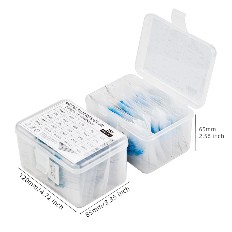 KOKISO 2W 250pcs 25 Value 0.68R-1MR Ω Ohm ±1% Tolerance 0.01 Metal Film Resistor Assorted Kit Assortment