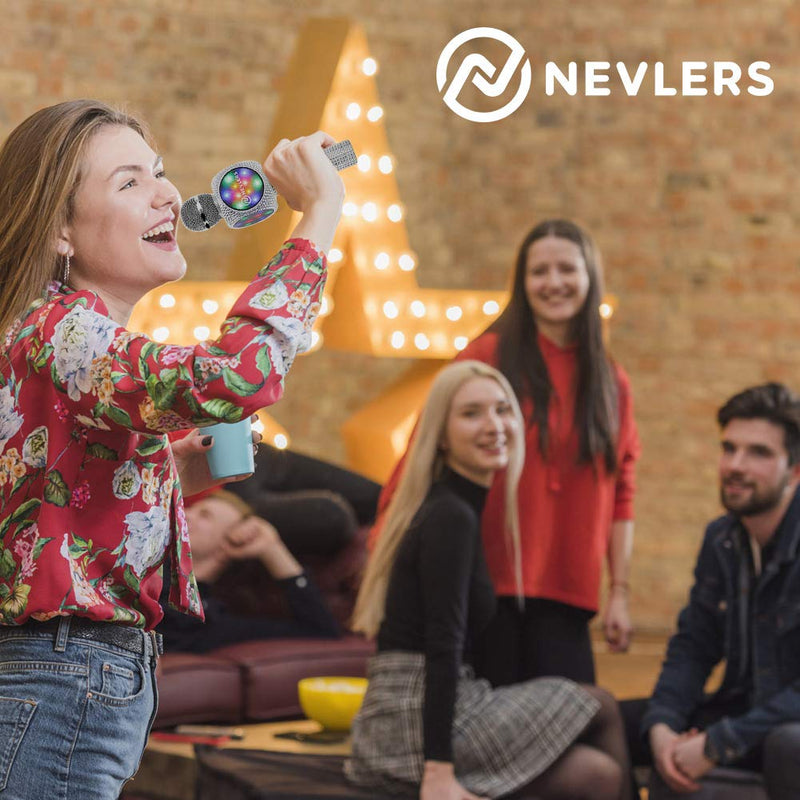 [AUSTRALIA] - NEVLERS Karaoke Microphone with Wireless Bluetooth Speaker, Voice Changer and Colorful LED Lights, Easy To Use Portable Karaoke Machine for Kids and Adults - SILVER BLING 