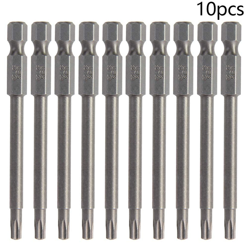 Auniwaig 10pcs Torx Screwdriver Bits, 1/4 Inch Hex Shank, T20 Magnetic S2 Steel Torx Head Screw Driver Bit, 75mm Length Torx Drill Bits Power Tools