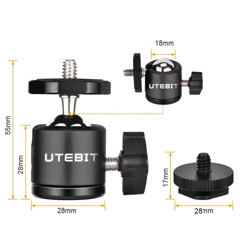 UTEBIT 2 Pack Mini Ball Head with 1/4" Hot Shoe Mount Adapter 360 Degree Rotatable Aluminum Tripod Ball Head for Monopods DSLR Cameras HTC Vive Camcorder Light Stand,Max. Load 5.5lbs