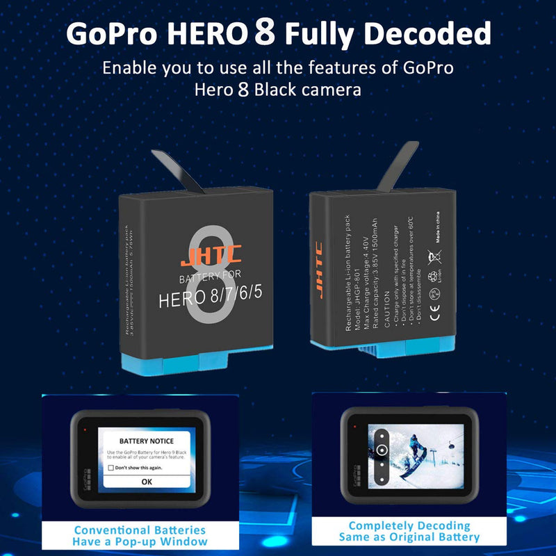 JHTC Hero 8 7 6 5 Battery Replacement 3 Packs and USB Triple Charger for Gopro Hero 8 Black, GoPro Hero 7 Black, Hero 6 Black, Hero 5 Black,Hero 2018