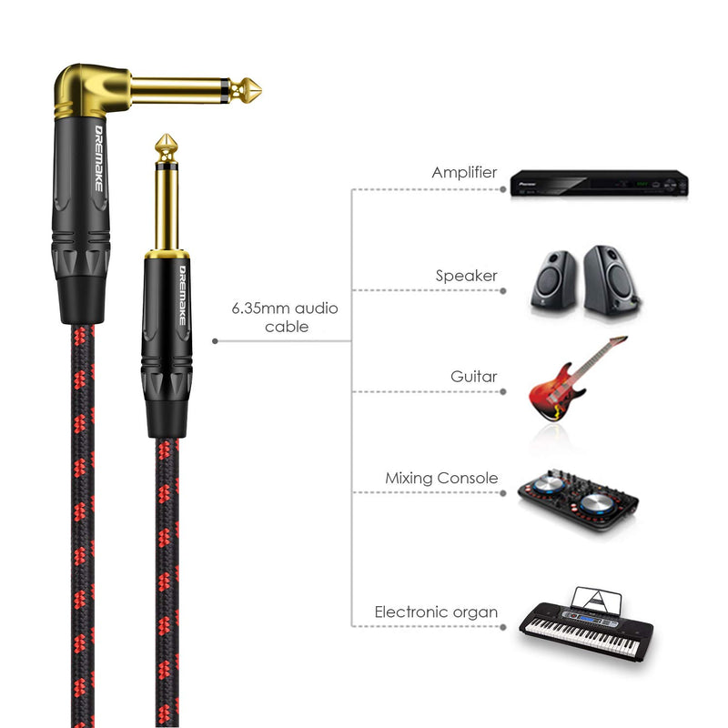 [AUSTRALIA] - Dremake 3 Foot Professional Instrument Cable, Guitar Cable for Speaker Bass Keyboard 1/4" (6.3mm) Straight to Right Angle Inch Cable Black/Red Tweed 3FT/1M 