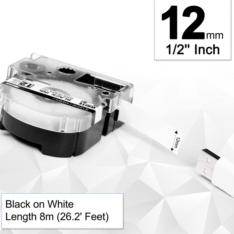 Replace for Epson LW-PX400 LW-300 Label Tape, LC-4WBN, LK-4WBN, SS12KW Tape Refill, Black on White 1/2" x 26', for Use with Epson LabelWorks LW-300 LW-400 LW-600P LW-700 LW-PX300 Label Makers, 4-Pack 12 mm