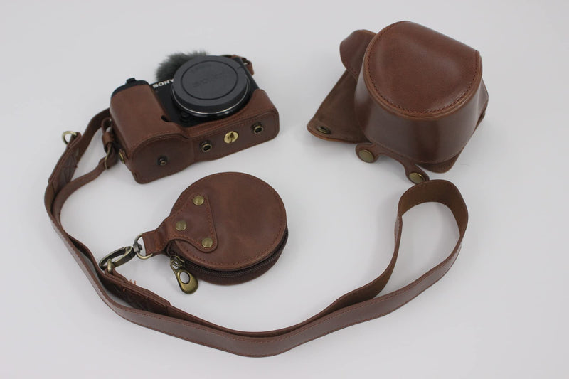 ZV-E10 Case, BolinUS Handmade PU Leather Fullbody Camera Case Bag Cover for Sony ZV-E10 ZVE10 with 16-50mm Lens Bottom Opening Version + Neck Strap + Mini Storage Bag (Coffee) Coffee