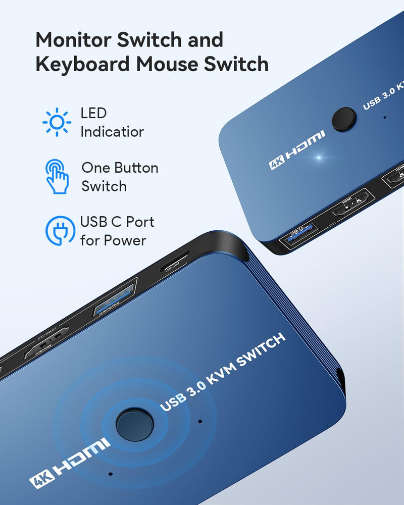 ABLEWE KVM Switch, Aluminum KVM Switch HDMI,USB Switch for 2 Computers Sharing Mouse Keyboard Printer to One HD Monitor, Support 4K@60Hz,2 HDMI Cables and 2 USB Cables Included(Blue) Blue