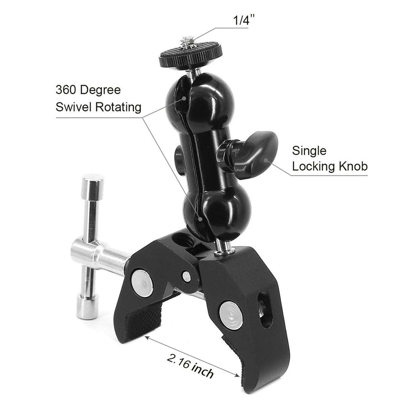 SLOW DOLPHIN Camera Clamp Mount Monitor Mount Bracket Super Clamp w/1/4 and 3/8 Thread with Cool Double Ballhead Arm Adapter Bottom Clamp for for DSLR Camera/Field Monitor/LED