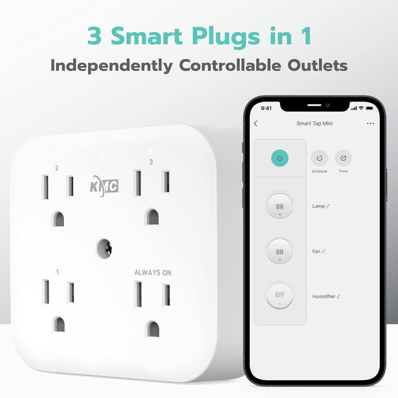KMC Smart Tap Mini 2-Pack, 4-Outlet Wall Mounted Multiple Smart Plug Adapter, 3 Independently Controlled Wi-Fi Smart Outlets, Compatible with Alexa & Google Assistant, No Hub Required 2 PACK