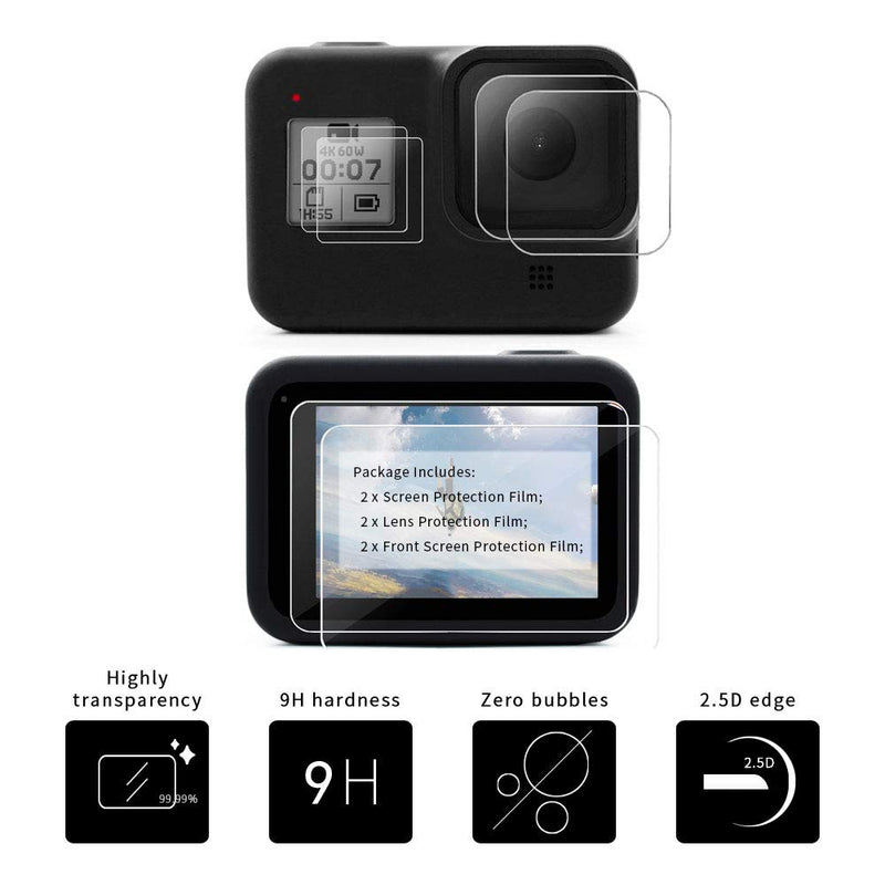 MAXCAM Accessories Kit for GoPro Hero 8 with Silicone Rubber Protective Case + Lens Cap + Ultra Clear Tempered Glass Screen Protector + Display HD Lens Protector with GoPro Hero 8