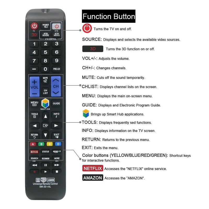 LuckyStar Universal Remote Control SM-22+AL For Almost All Samsung Brand TV/ 3D/ LCD/LED/HDTV/Smart TV,AA59-00666A BN59-01178W BN59-01199F AA59-00638A AA59-00637A AA59-00594A AA59-00600A AA59-00582A