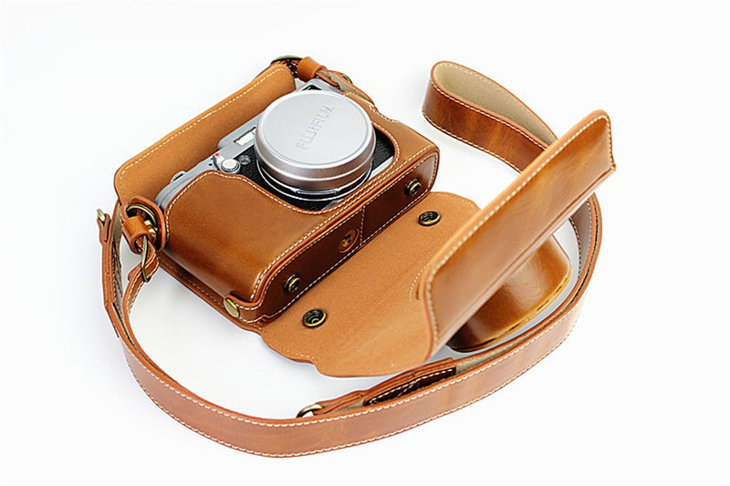X100 Case, BolinUS Handmade PU Leather Fullbody Camera Case Bag Cover for Fujifilm Fuji X100 X100S X100T Bottom Opening Version + Neck Strap -Brown Brown