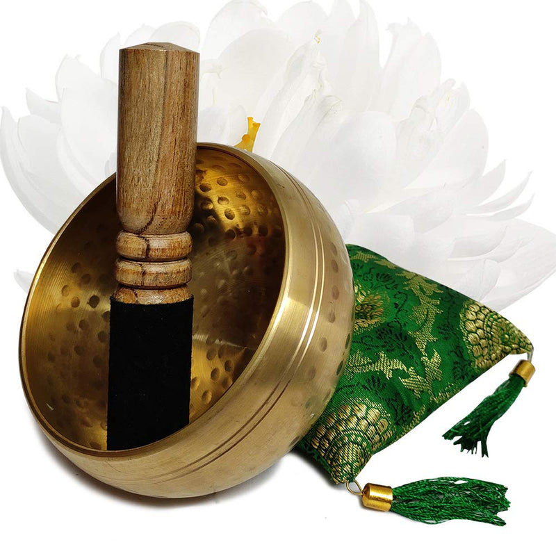 Hand Crafted Tibetan 4 Inch Hammered Singing Bowl Set By Trumiri - Helpful for Meditation Chakra Healing Relaxation Peace Mindfulness with Premium Tulsi Beads, Flag, Mallet, Cushion & Potli (Bag)