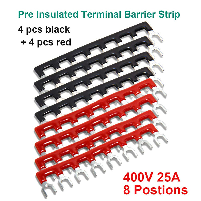 MILAPEAK Terminal Block and Strip - 4 pcs 8 Positions 600V 25A Dual Row Screw Terminals Strip with Cover + 8 pcs 400V 25A 8 Positions Pre-Insulated Terminal Barrier Jumper Strips Black & Red 25A 8P+8pcs Jumpers