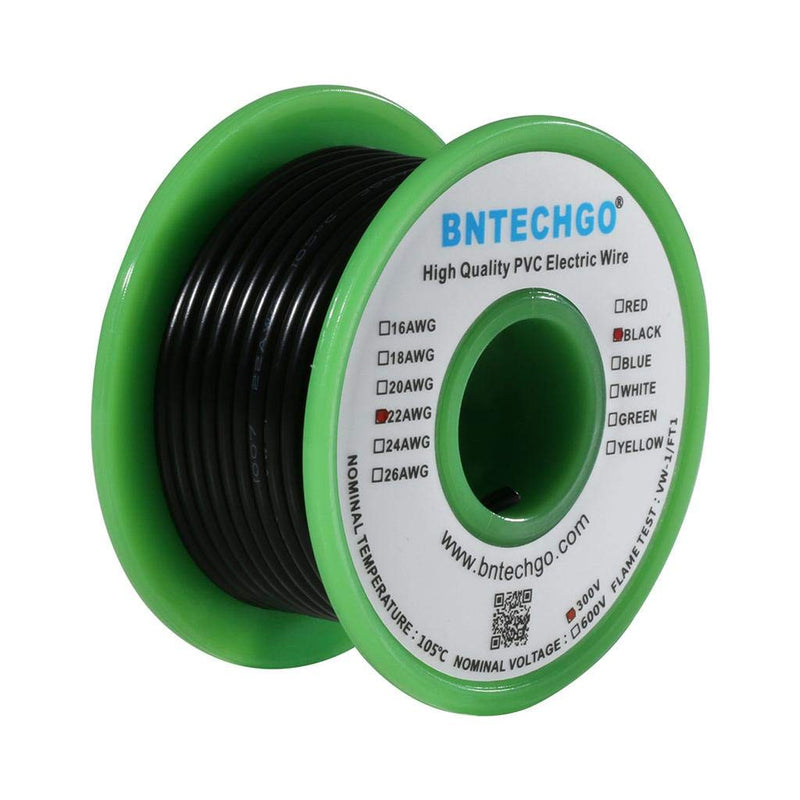 BNTECHGO 22 Gauge PVC 1007 Solid Electric Wire Black 25 ft 22 AWG 1007 Hook Up Tinned Copper Wire 22 Gauge PVC Solid Wire 25ft 22 Gauge Pvc Solid Wire Black