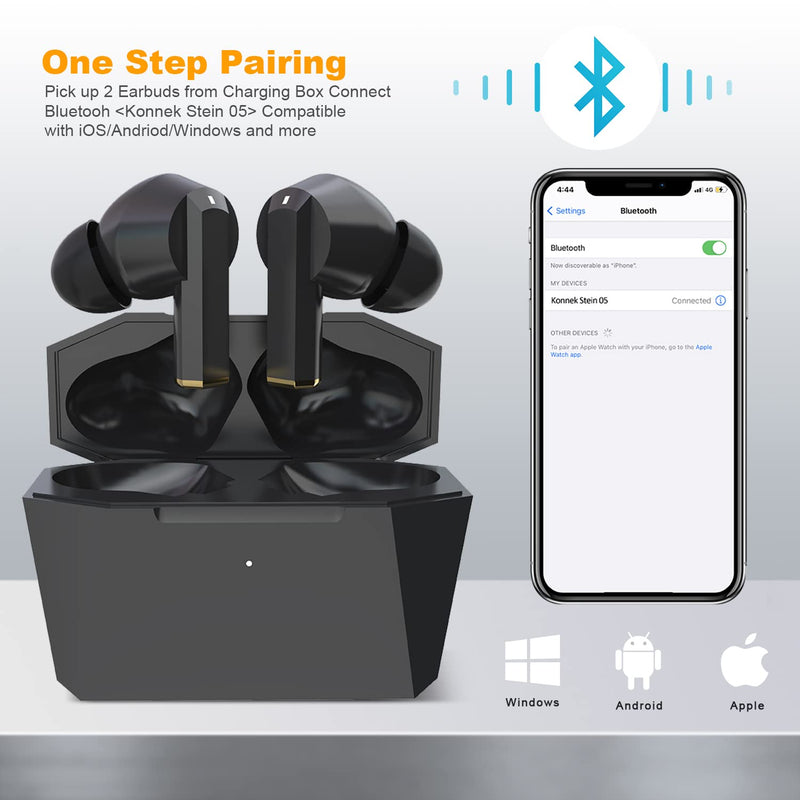 Konnek Stein Wireless Earbuds Bluetooth 5.0 Headphone, Type-C Charging Case 320mAh, Touch Control, Built-in Mic Active Noise Cancelling True Wireless Earbud - Black Medium