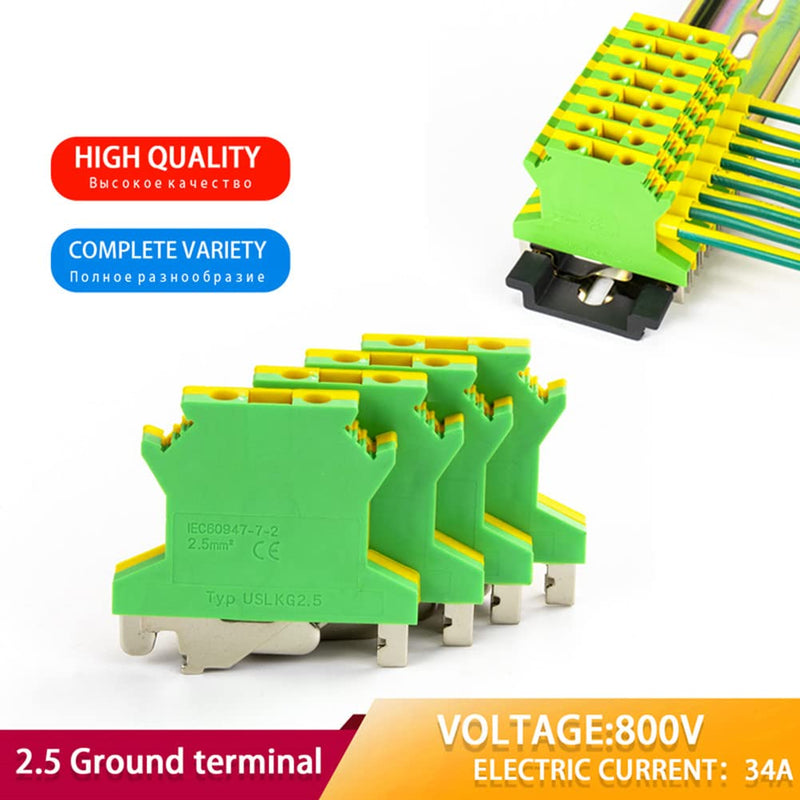 10Pcs DIN Rail Mounted Ground Circuit Connection Terminal Block Screw Clamp Connector (USLKG2.5N) USLKG2.5N