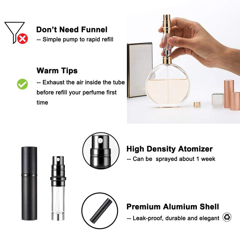 Yeejok Refillable Perfume Bottle Atomizer for Travel, Portable Easy Refillable 5ml Perfume Spray Pump Bottle for Men and Women - Black and Silver Black & Silver