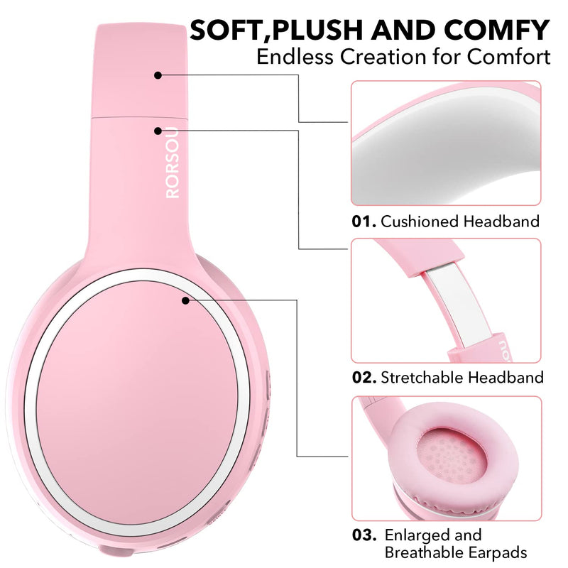 RORSOU B10 Bluetooth Headphones Over Ear, Lightweight Folding Stereo Bass Wireless and Wired Headset with Mic, 50H Playtime, Volume Control, Bluetooth 5.3 Headphones for iPad/Travel/Tablet/PC (Pink) Pink