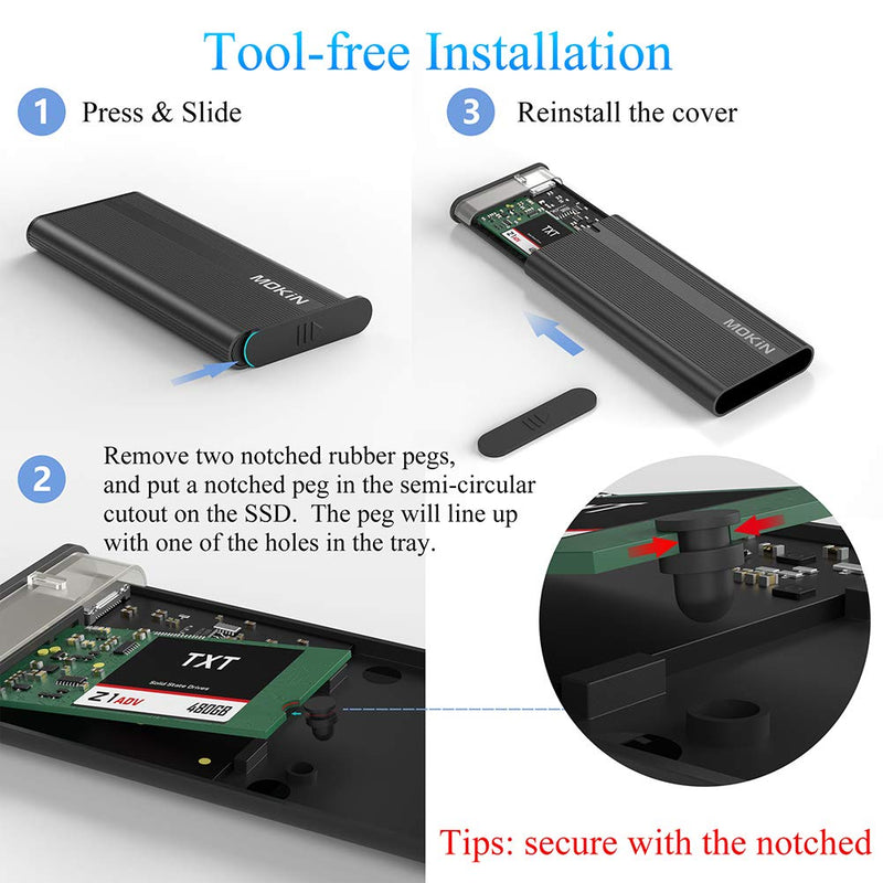 M.2 NVME SSD Enclosure Adapter Tool-Free, USB C 3.1 Gen 2 10Gbps to NVME PCIe M-Key(B+M Key) Solid State Drive External Enclosure Support UASP Trim for SSD Size 2242/2260/2280 JMS583 NVMe Protocol