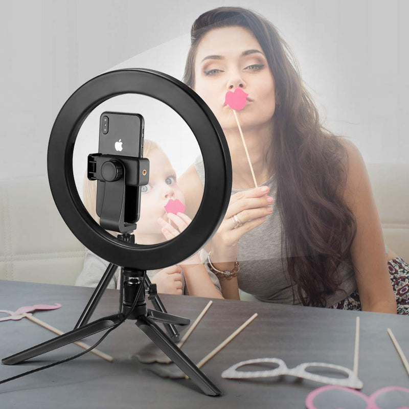 LED Ring Light 10'' with Stand Tripod for Makeup, Live Streaming & YouTube Video, Table LED Camera Light with Cell Phone Holder, Mini Dimmable Lamp with 3 Light Modes & 11 Brightness Level (10 inch)