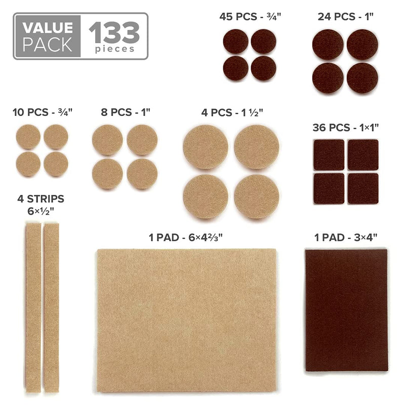 X-PROTECTOR Premium Two Colors Pack Furniture Pads 133 Piece! Felt Pads Furniture Feet Brown 106 + Beige 27 Various Sizes - Best Wood Floor Protectors. Protect Your Hardwood & Laminate Flooring